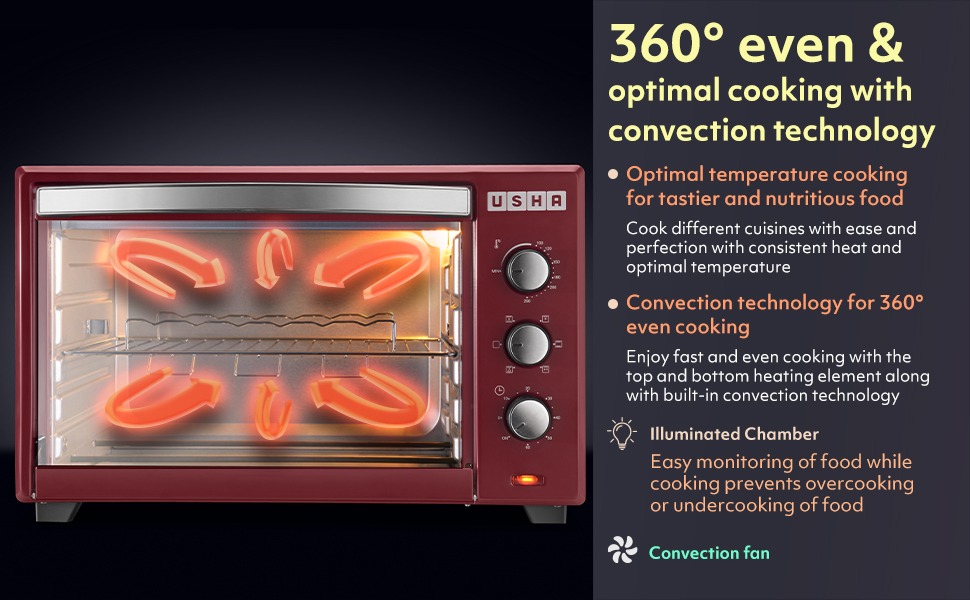 Usha 42 Litres Oven Toaster Grillers with Glass Door, Rotisserie and