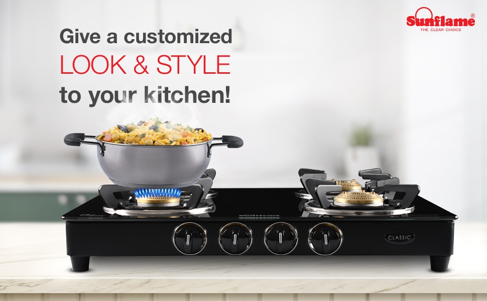 Sunflame 4B Astra Cooktop with 4 Highquality Brass Burners, Burner Segregation, Powder Coated