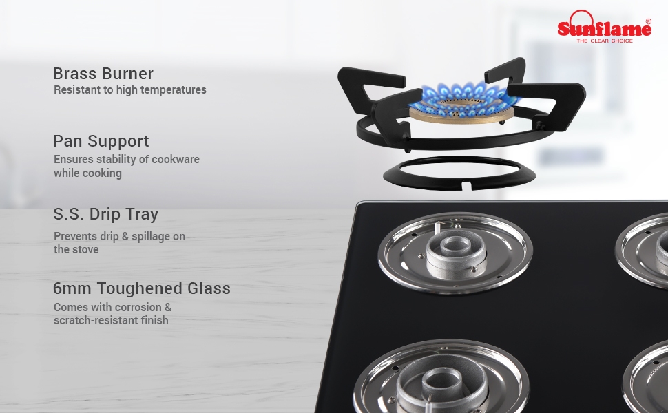 Sunflame 4B Astra Cooktop with 4 Highquality Brass Burners, Burner