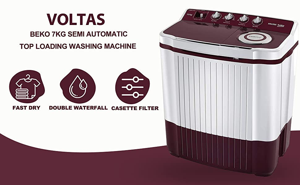 Voltas Beko 7 KG 5 Star Semi Automatic Top Loading Washing Machine with 3 Wash Programs, Double