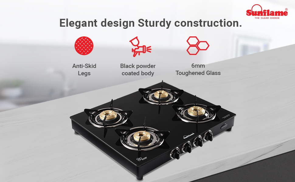 Sunflame 4B Astra Cooktop with 4 Highquality Brass Burners, Burner Segregation, Powder Coated