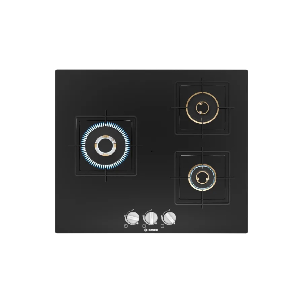 

Bosch 60 cm Gas Hob with 3 Burner, Tempered Glass, Flame Failure Safety Device, Sword Knobs, Wok Burner (Black, PNC6B6F10I)