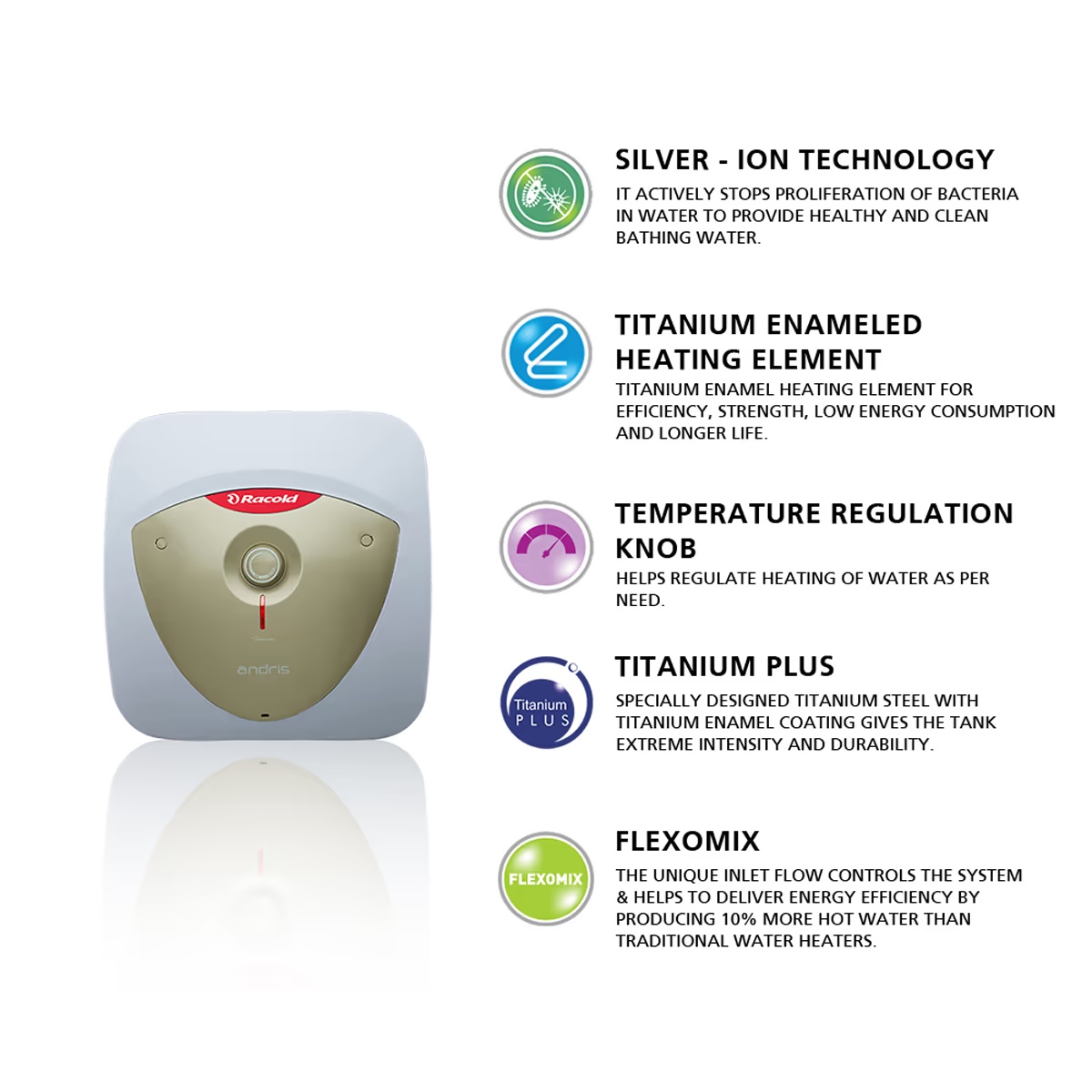 Racold ANDRIS 15 LUX Plus 2KW Geyser with Silver Ion Technology,  Temperature Regulation Knob, Titanium Plus Technology, High Pressure  Resistance | Vijay Sales