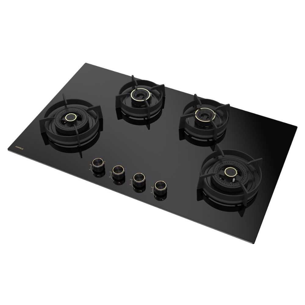 Hafele 90 cm Built-in Hob with 4 Brass Burner, Electric Auto Ignition, Flame failure safety device (Black, VESTA490)