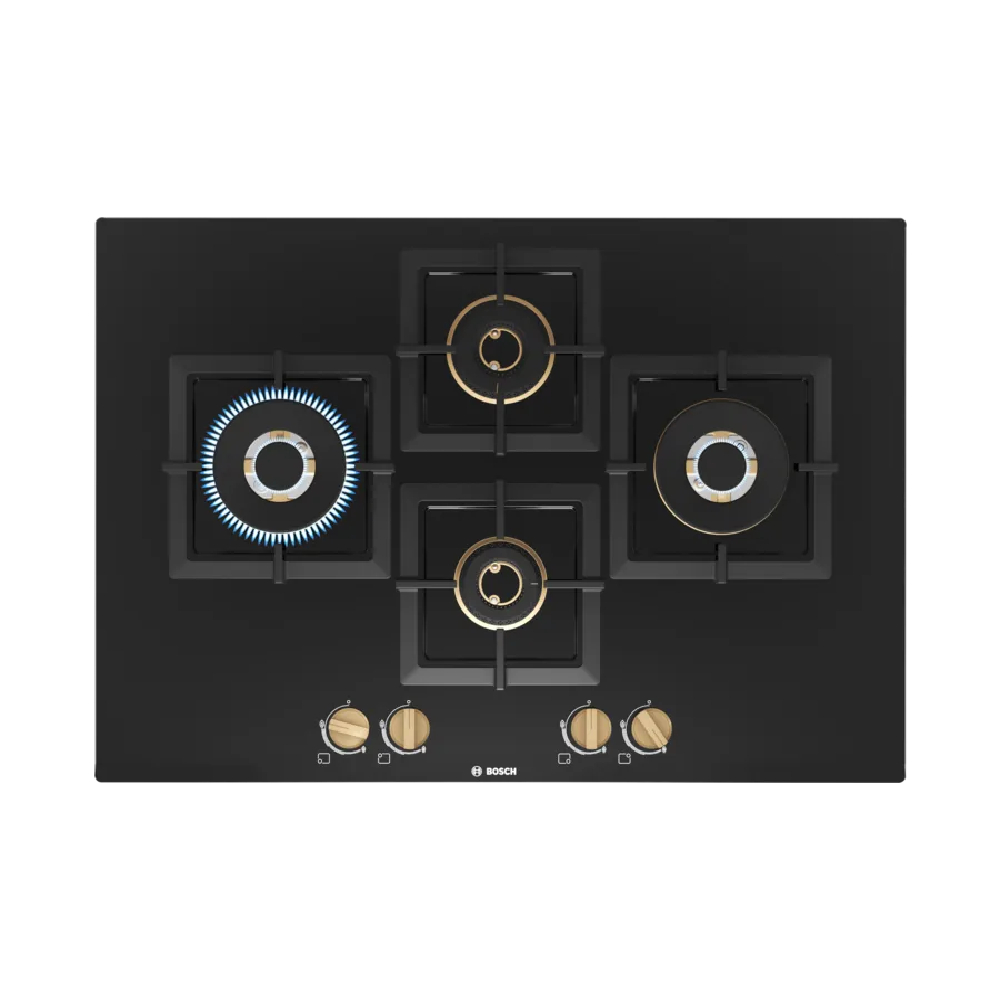 

Bosch Series 6 Gas Hob 75 cm with 4 Burners, Sword Knobs, Flame Failure Safety Device, Wok Burners (Black, PNI7B6F20I)