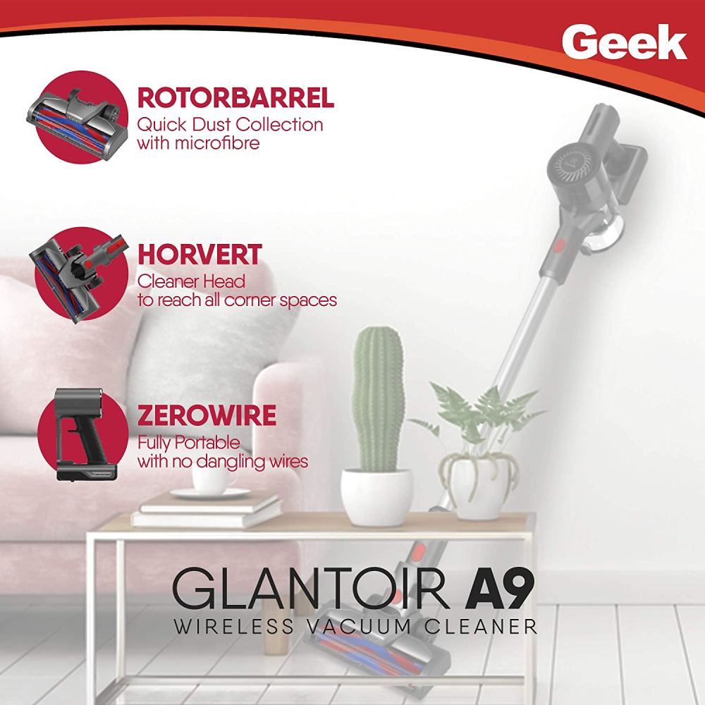 Geek Glantoir A9 Wireless Handeld Vacuum Cleaner with 2200 mAh Rechargeable Lithium Ion Battery