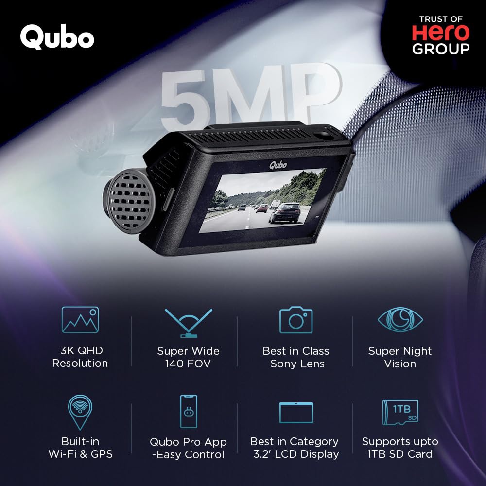 Qubo Smart Dashcam Pro 3K Rear Cam with Built-in Wi-Fi & GPS | With Hardwiring Kit Dual Channel Recording | Night Vision (Black)