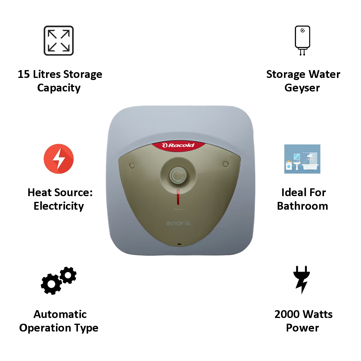 Racold ANDRIS 15 LUX Plus 2KW Geyser with Silver Ion Technology,  Temperature Regulation Knob, Titanium Plus Technology, High Pressure  Resistance | Vijay Sales