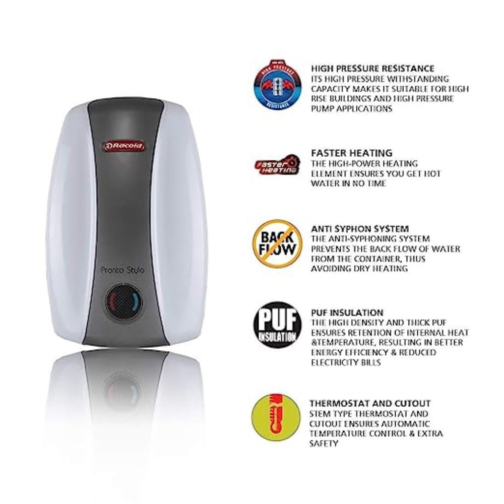 Racold Pronto Stylo 3V 4.5KW Geyser with Anti-Syphon System, High Pressure  Resistance, Automatic Temperature Control, Thermostat and Cutout (White) |  Vijay Sales