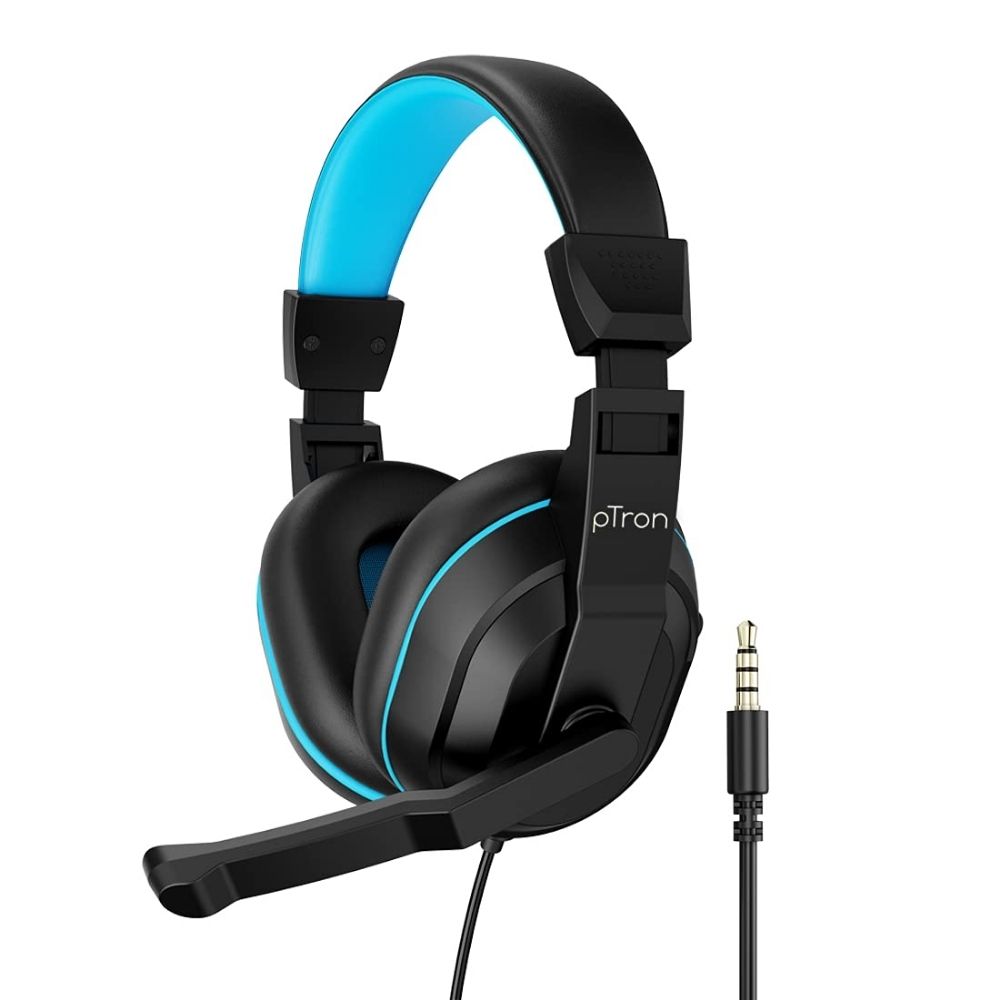 

pTron Studio Lite Stereo Sound Wired Over Ear Headphones with Mic, Adjustable Mic & Integrated Volume Control (Black & Blue)