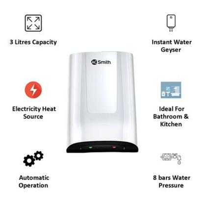 AO Smith Minibot 3KW Geyser with Long lasting Anode Rod, 3 Litres, Glass  Coated Incoloy Heating Element, Blue Diamond Glass Lining Tank (White) | Vijay  Sales