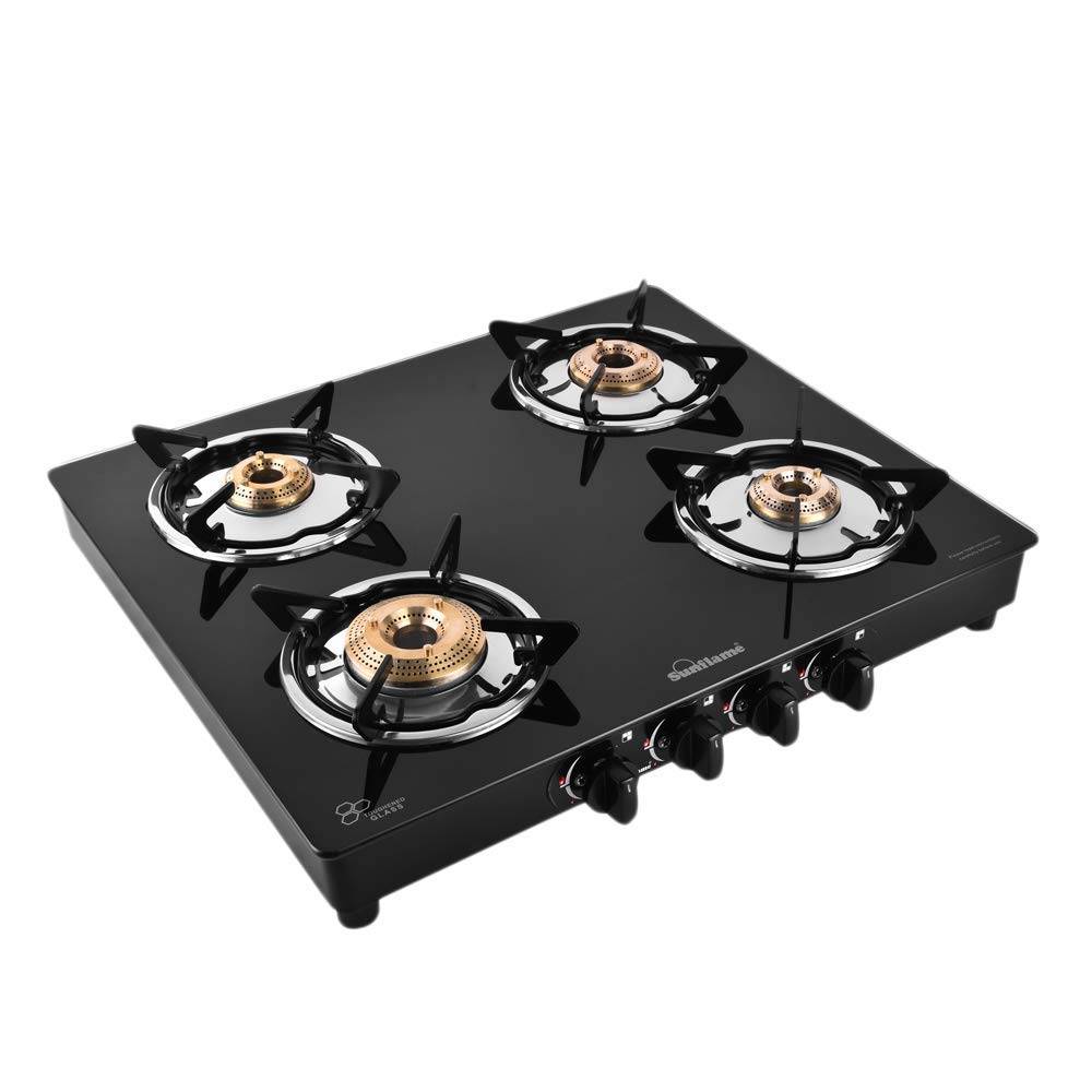 

Sunflame Nova Cooktop with 4 Brass Burner with Manual Ignition, Toughened Glass Top, Stainless Steel Drip Trays (Black, GTNOVA4BRBK)