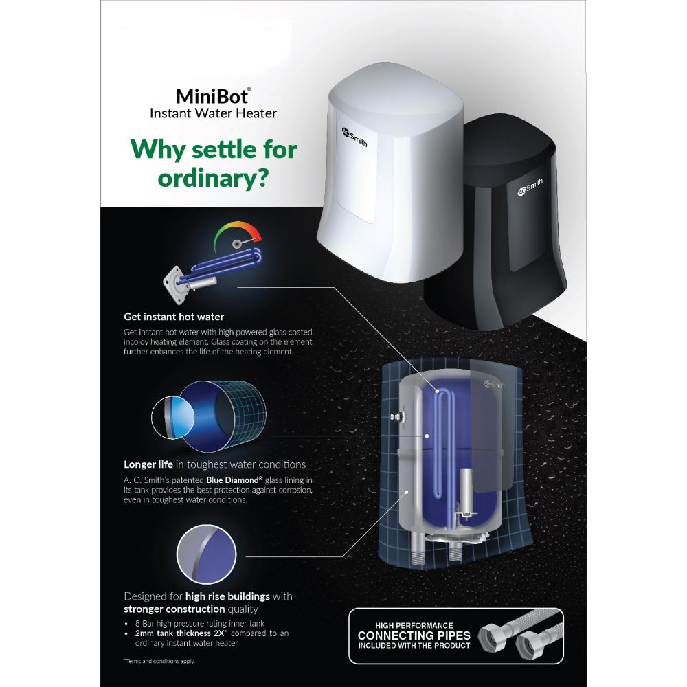 AO Smith Minibot 3KW Geyser with Long lasting Anode Rod, 3 Litres, Glass  Coated Incoloy Heating Element, Blue Diamond Glass Lining Tank (Black) |  Vijay Sales