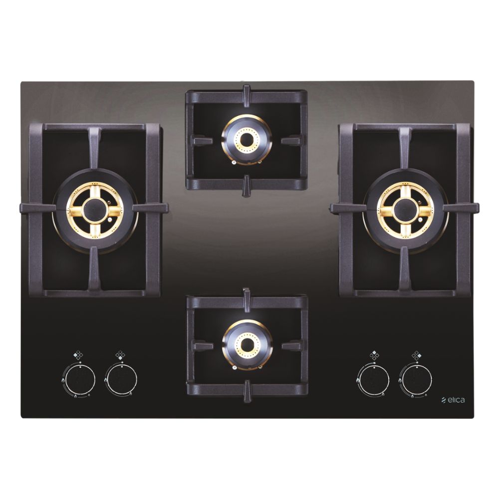 

Elica 70 cm Built in Hob with 4 Brass Burners, Auto ignition, Cast Iron Pan Support (PROFBMFC4B70DXFFD, Black)
