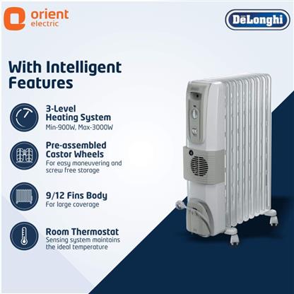 DeLonghi 9 Fins Oil Filled Radiators Room Heater with Pre-Assempled  Castors, 2500 Watts, Room Thermostat, On/Off Indicator Light (White,  KH770925V) | Vijay Sales