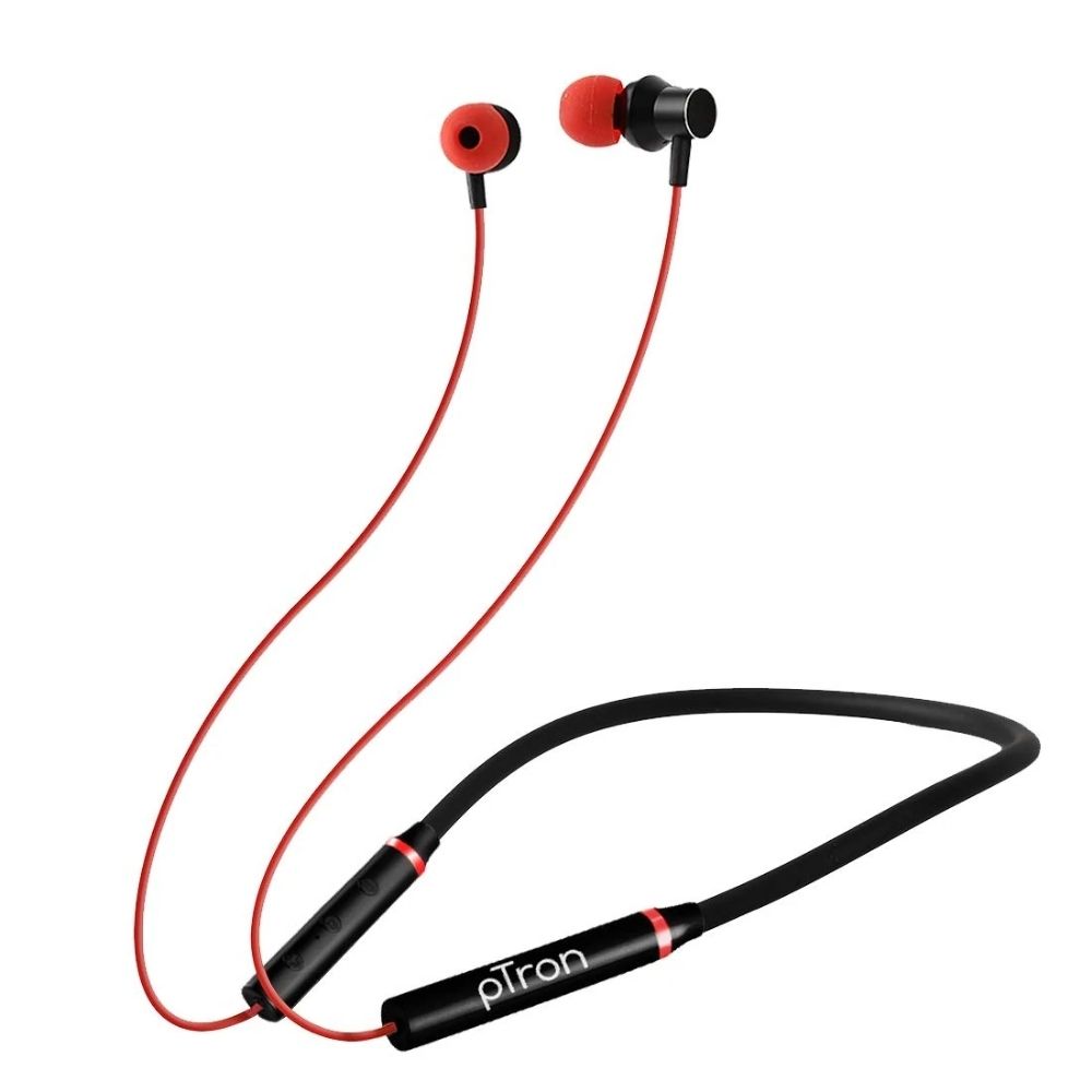 

pTron Tangentbeat Wireless Bluetooth Neckband With Passive Noise Cancellation, 8 Hours Playback-time (Black & Red)