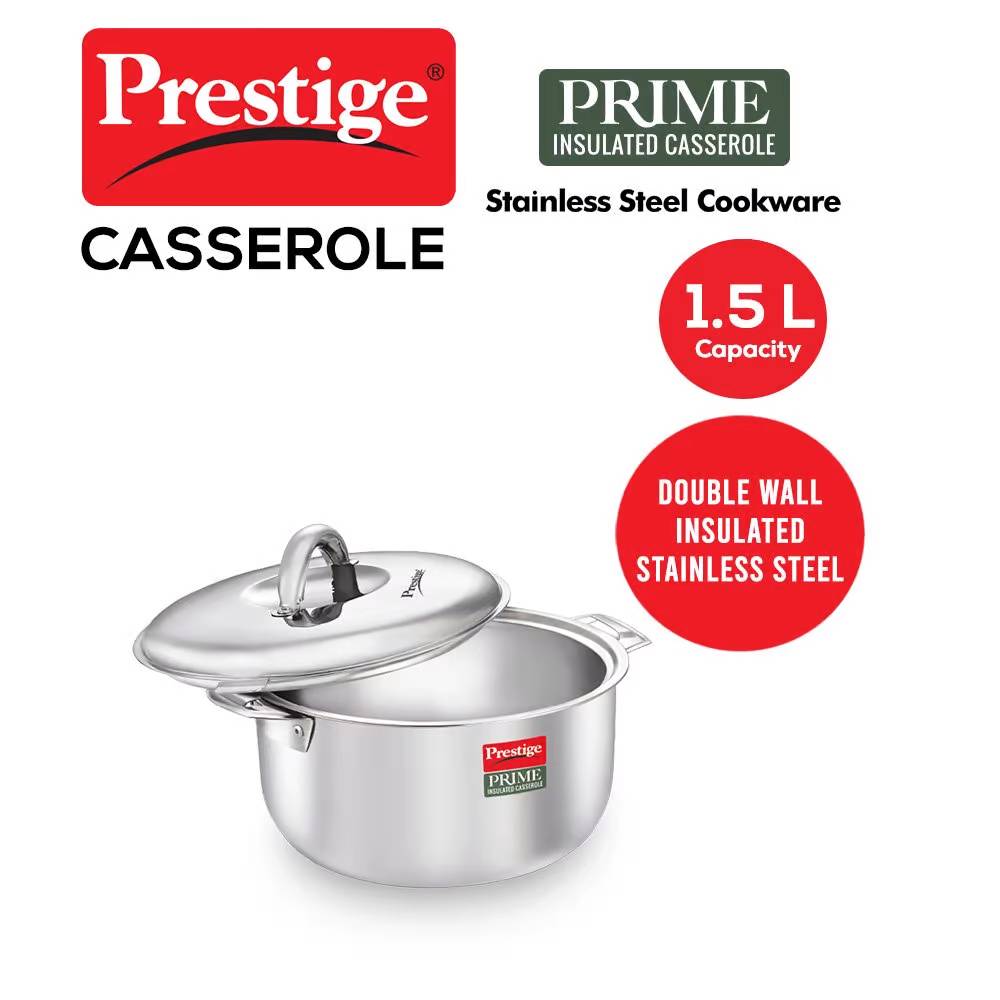 

Prestige Prime Stainless Steel Insulated Casserole with Double Wall Insulated Stainless Steel, 1.5 Litres, Rustproof Interior (Silver, 36191)