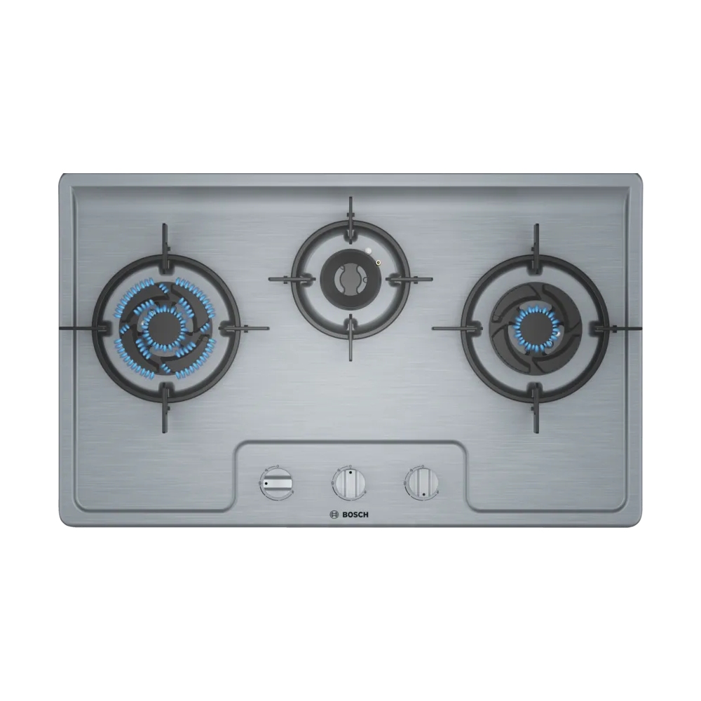 

Bosch 70 cm Hob with 3 Burner, Flame Failure Safety Device, Elegant Stainless Steel Design, Sword Knobs (PMD83D51NX)
