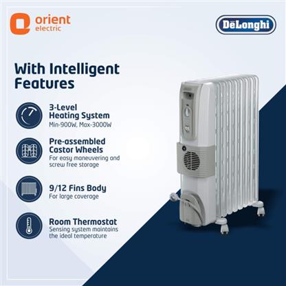 DeLonghi 12 Fins Oil Filled Radiators Room Heater with Pre-Assempled  Castors, 3000 Watts, Room Thermostat, On/Off Indicator Light (White,  KH771230V) | Vijay Sales