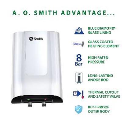 AO Smith Minibot Geyser with Long lasting Anode Rod, 4.5 Litres, Glass  Coated Incoloy Heating Element, Blue Diamond Glass Lining Tank (White) |  Vijay Sales